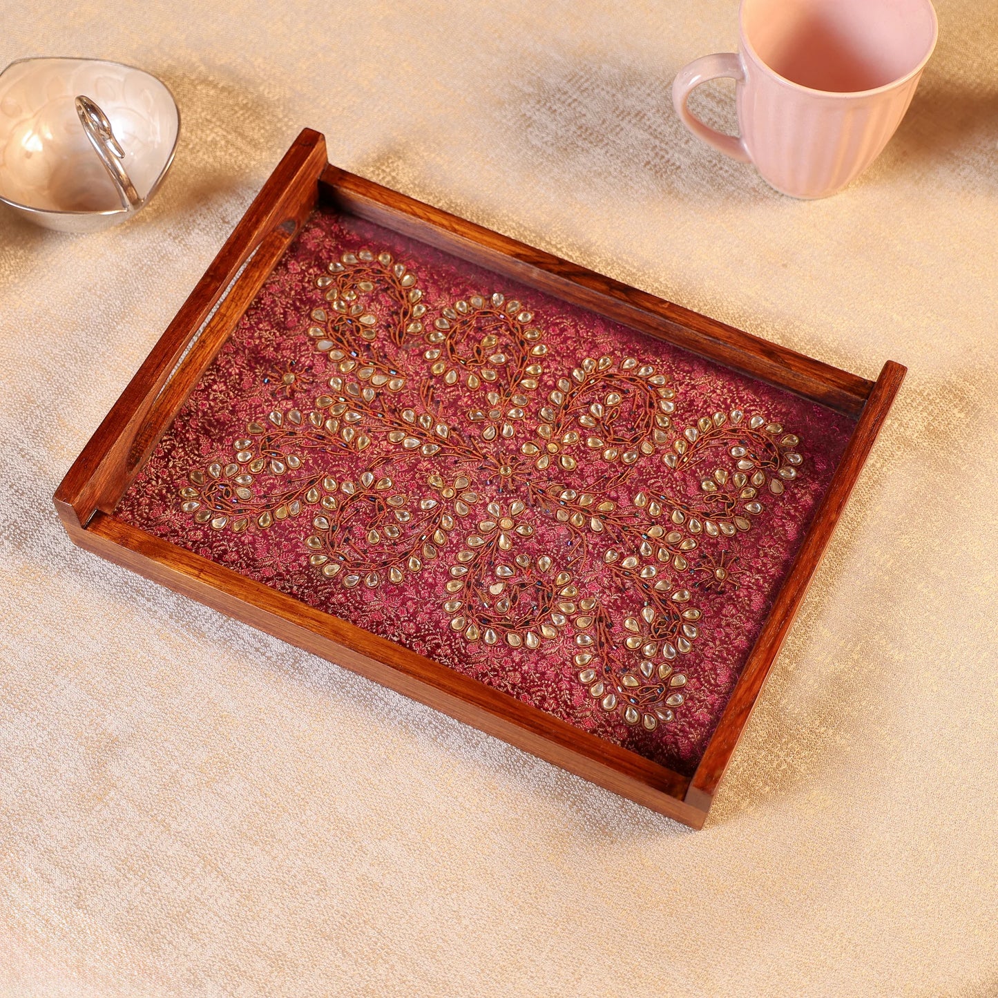 Teak Wood & Glass Framed Kundan Craft Serving Tray