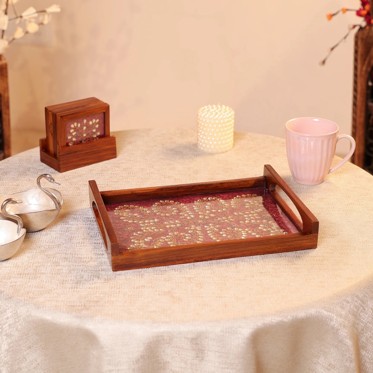 Teak Wood & Glass Framed Kundan Craft Serving Tray