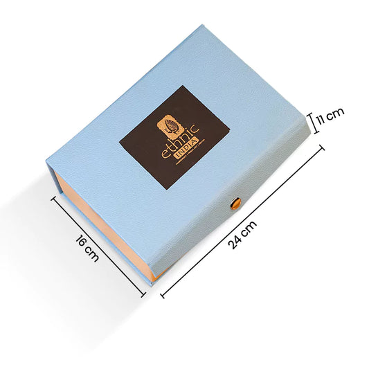 Light blue fabric box with dimensions and 'Ethnic Roots' branding on a white background