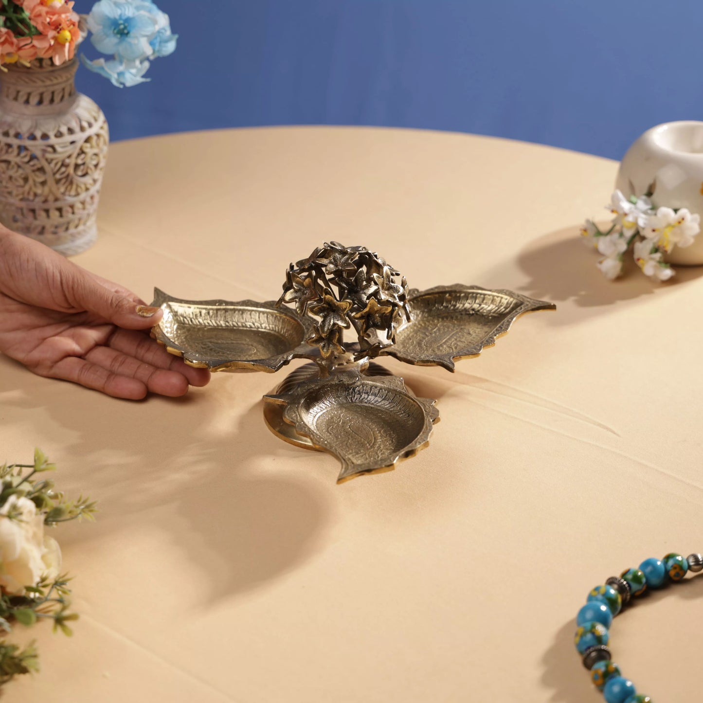 Antique Finish Brass Jasmine Flower Centred Tri Bowl Platter
