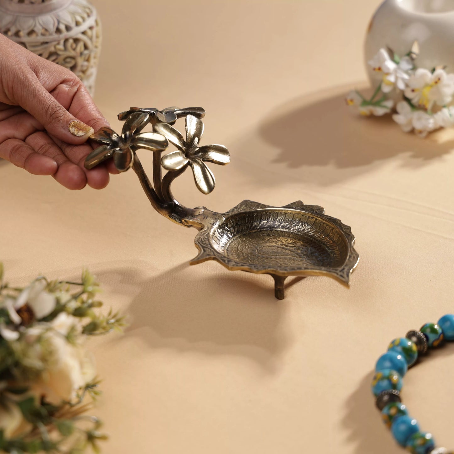 Antique Finish Brass Pulmeria Flower T-Light Candle Holder