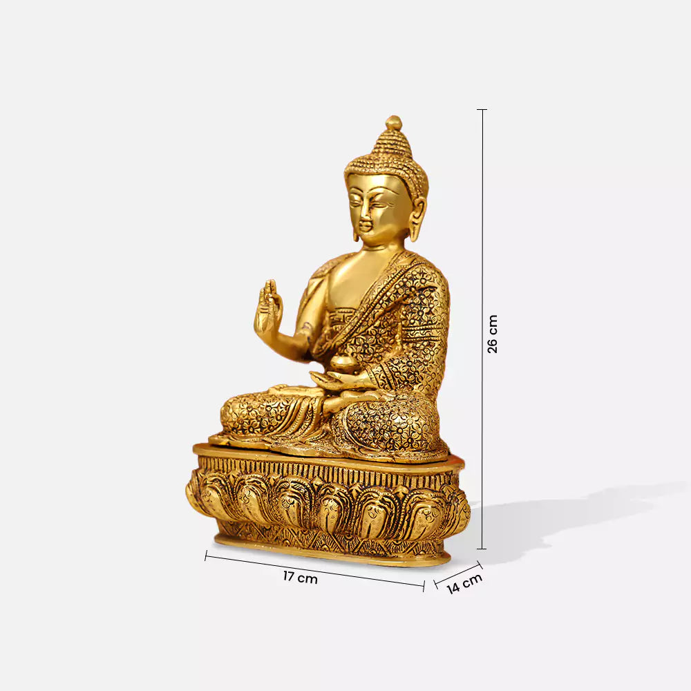 10" Brass Lord Buddha Idol Sitting On Lotus Base