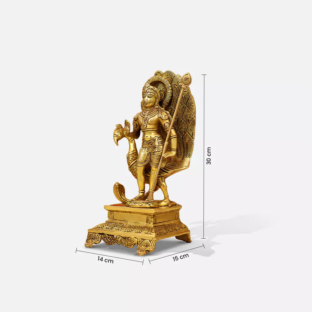 12" Brass Lord Murugan Idol (Kartikeya) Standing On Pedestal With Peacock