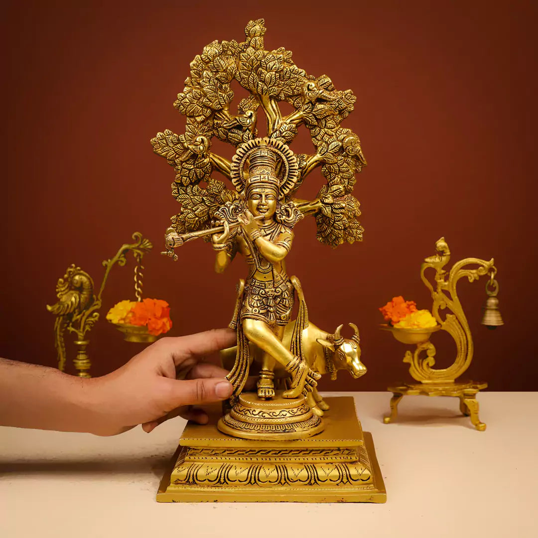 Brass Krishna Statue with tree