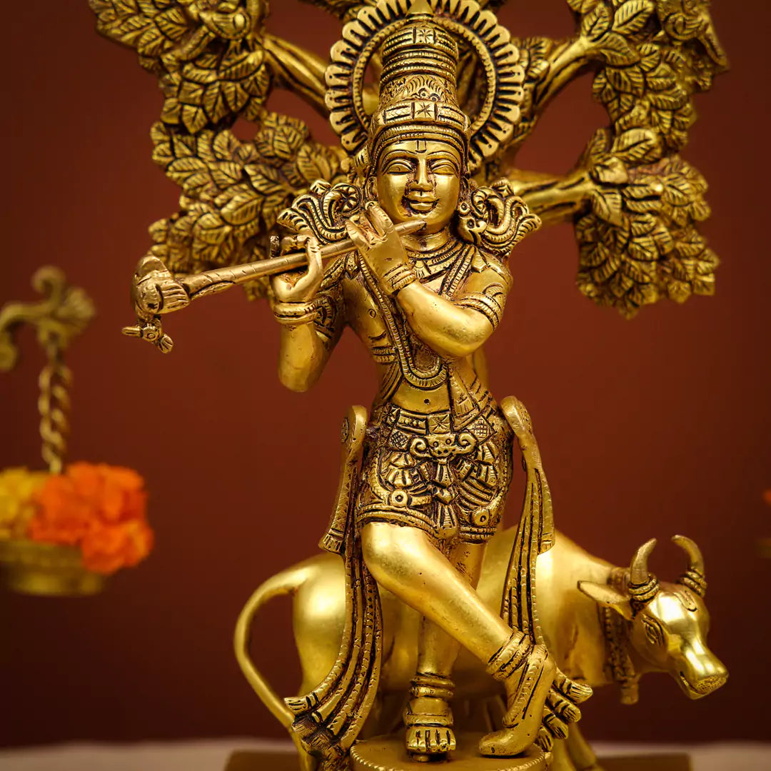 Brass Krishna Statue with tree
