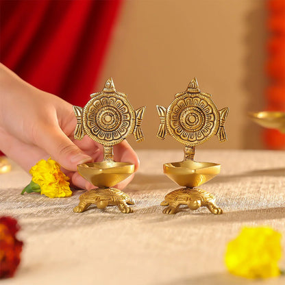 4.25" Brass Shankh And Chakra Diya On Tortoise Set