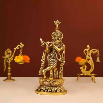 Brass Idol Of Lord Krishna On A Lotus Base