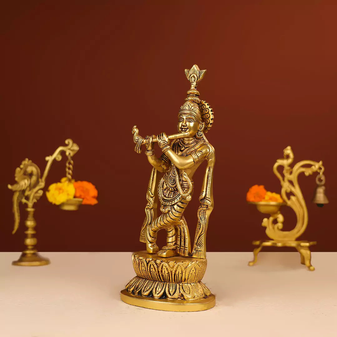 Brass Idol Of Lord Krishna On A Lotus Base