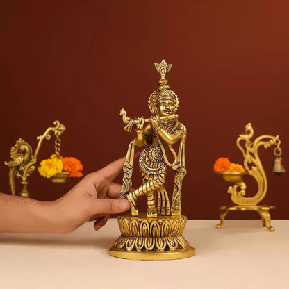 Brass Idol Of Lord Krishna On A Lotus Base