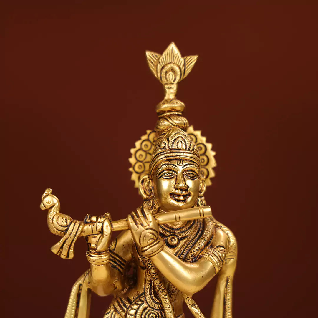 Brass Idol Of Lord Krishna On A Lotus Base