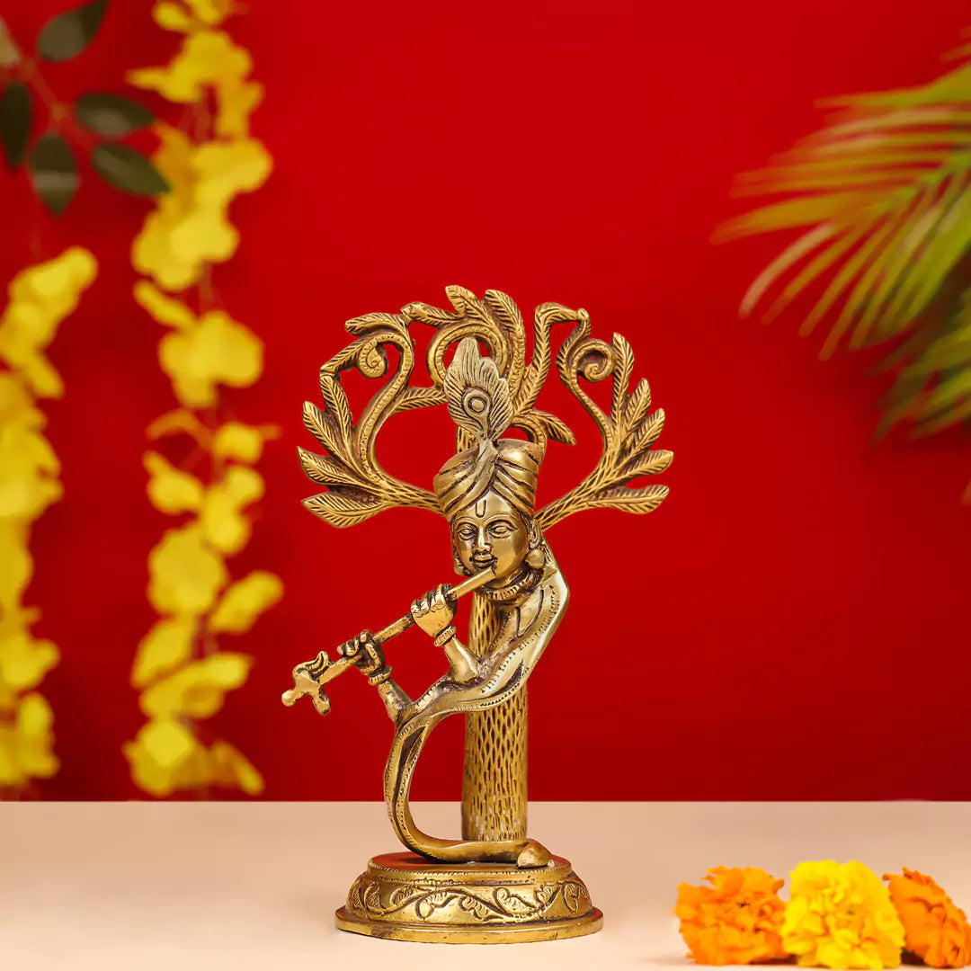 Brass Lord Krishna Playing Flute Under A Tree