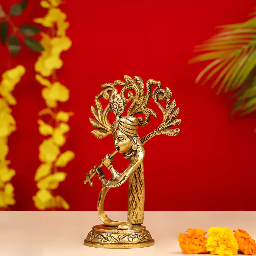 Brass Lord Krishna Playing Flute Under A Tree