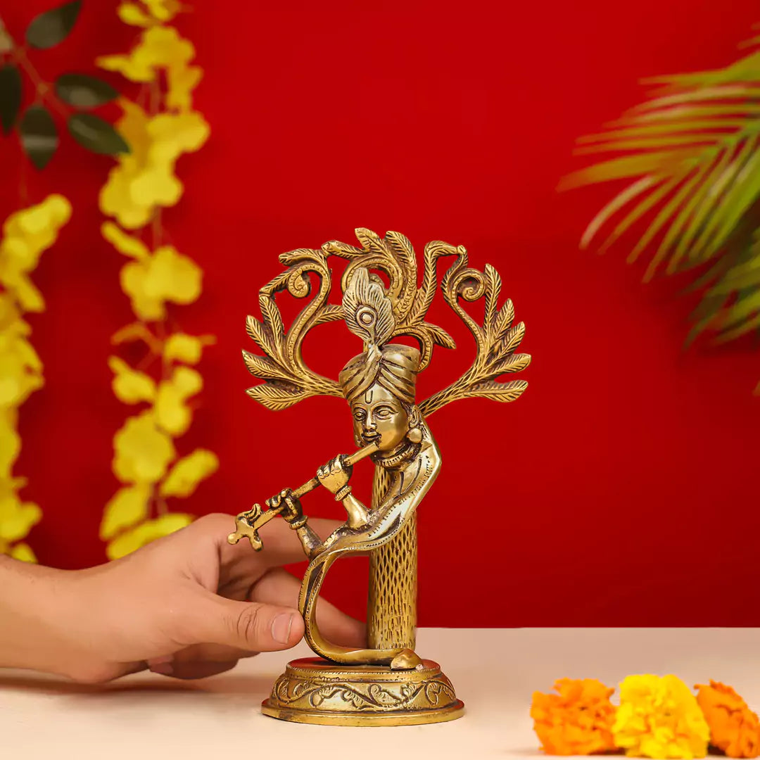 Brass Lord Krishna Playing Flute Under A Tree