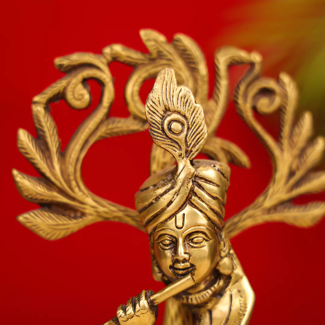 Brass Lord Krishna Playing Flute Under A Tree