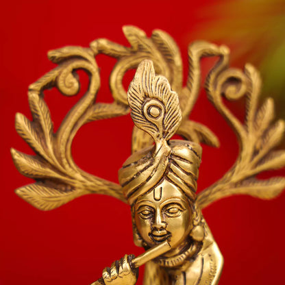 Brass Lord Krishna Playing Flute Under A Tree