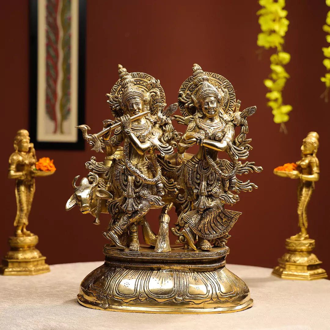 Brass Idol of Radha Krishna Madhav With Cow