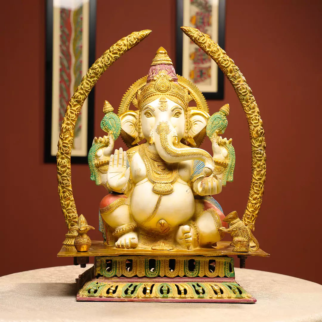 Coloured Brass Idol Of Four-Handed Ganpati