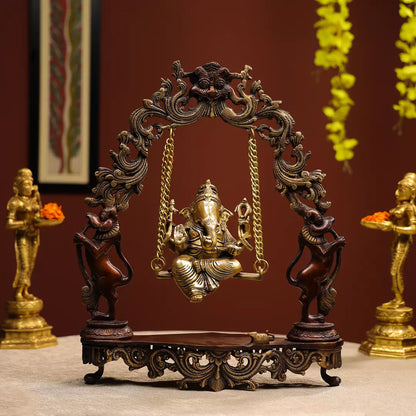 Coloured Brass Idol Of Lord Ganesha On A Swing