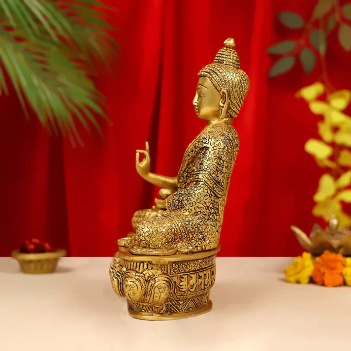 Brass Lord Buddha Idol Sitting On Lotus Base 7 Inch