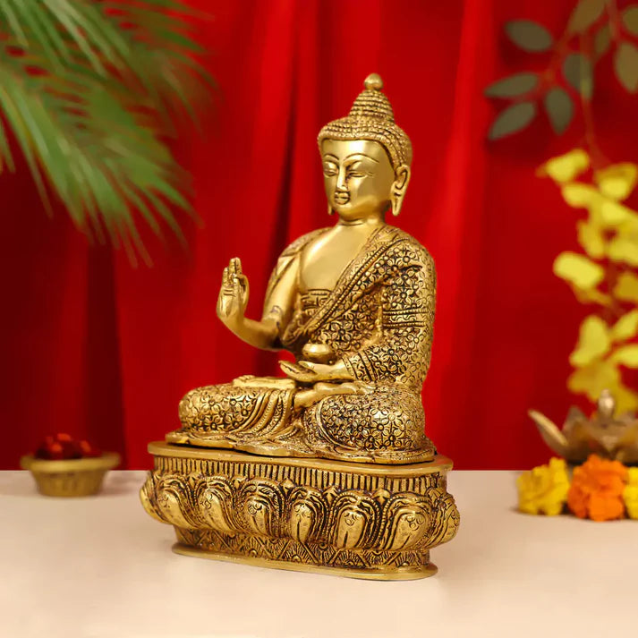 Brass Lord Buddha Idol Sitting On Lotus Base 7 Inch