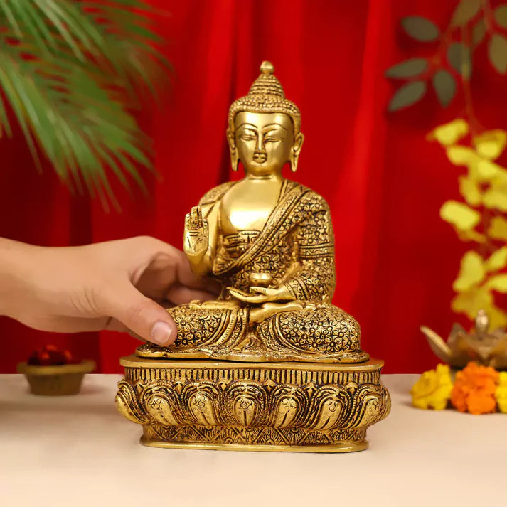 Brass Lord Buddha Idol Sitting On Lotus Base 7 Inch