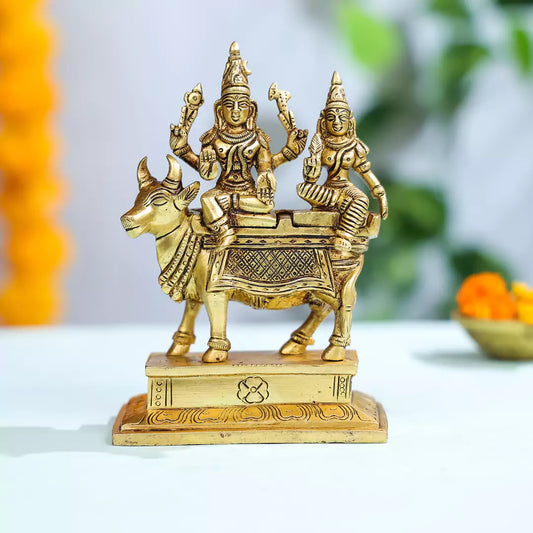 Brass Lord Shiva And Goddess Parvati Sitting On Nandi