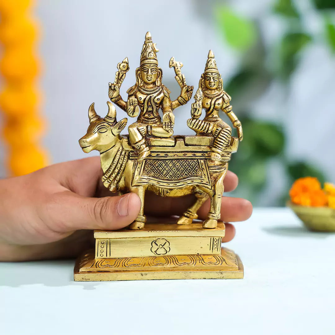 Brass Lord Shiva And Goddess Parvati Sitting On Nandi