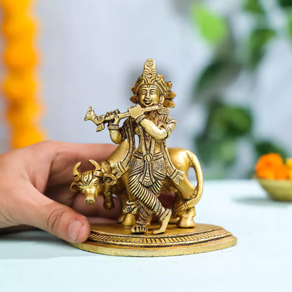 Brass Lord Krishna With A Cow