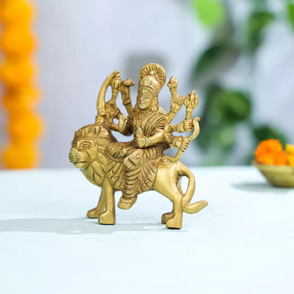 Brass Idol Of Goddess Durga On A Lion