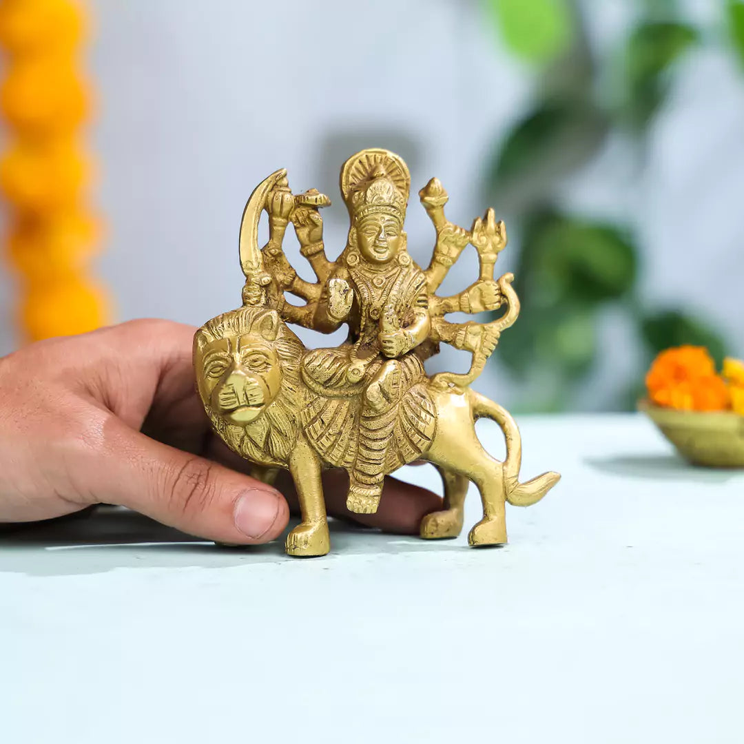 Brass Idol Of Goddess Durga On A Lion