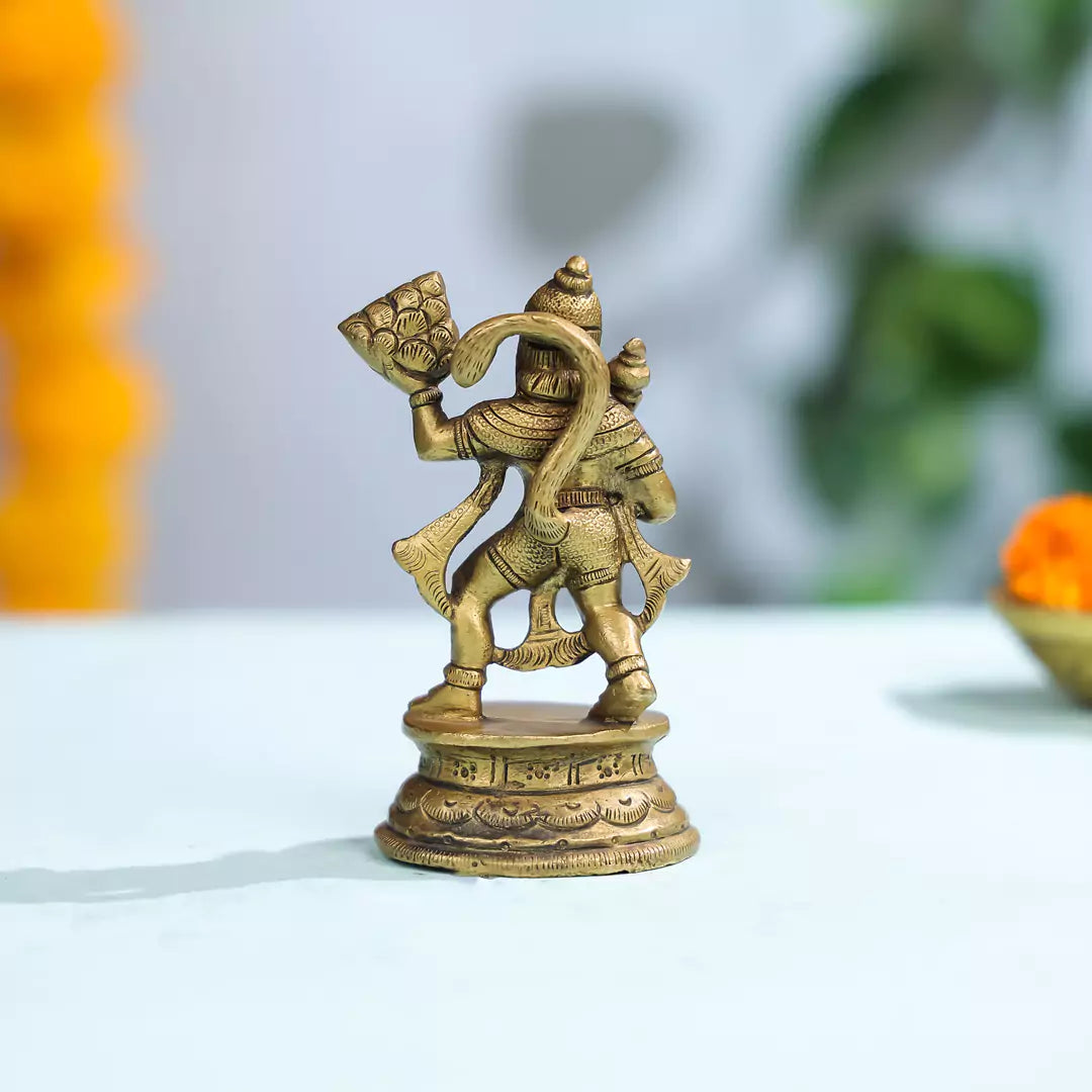 Brass Lord Hanuman Idol Carrying A Mountain