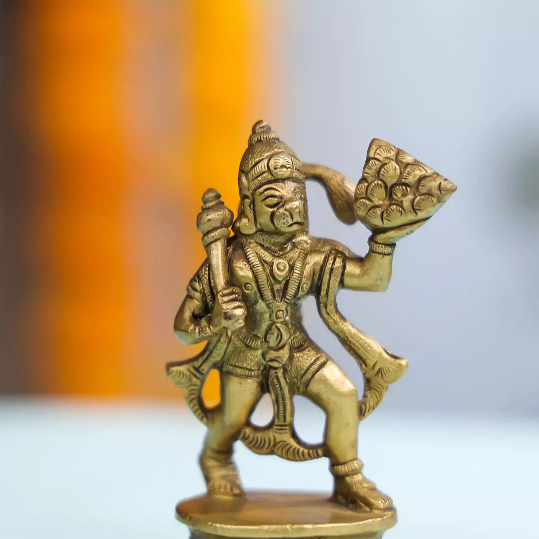 Brass Lord Hanuman Idol Carrying A Mountain