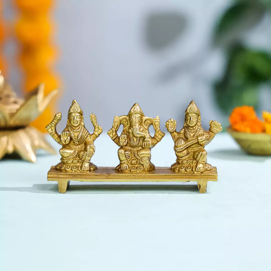 Brass Idol Of Goddess Lakshmi, Lord Ganesha And Goddess Saraswati