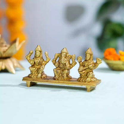 Brass Idol Of Goddess Lakshmi, Lord Ganesha And Goddess Saraswati