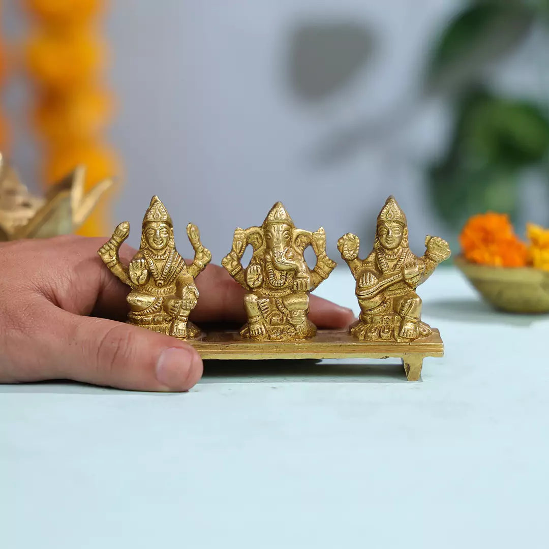 Brass Idol Of Goddess Lakshmi, Lord Ganesha And Goddess Saraswati