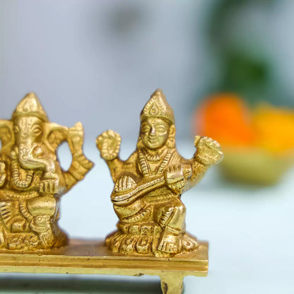 Brass Idol Of Goddess Lakshmi, Lord Ganesha And Goddess Saraswati