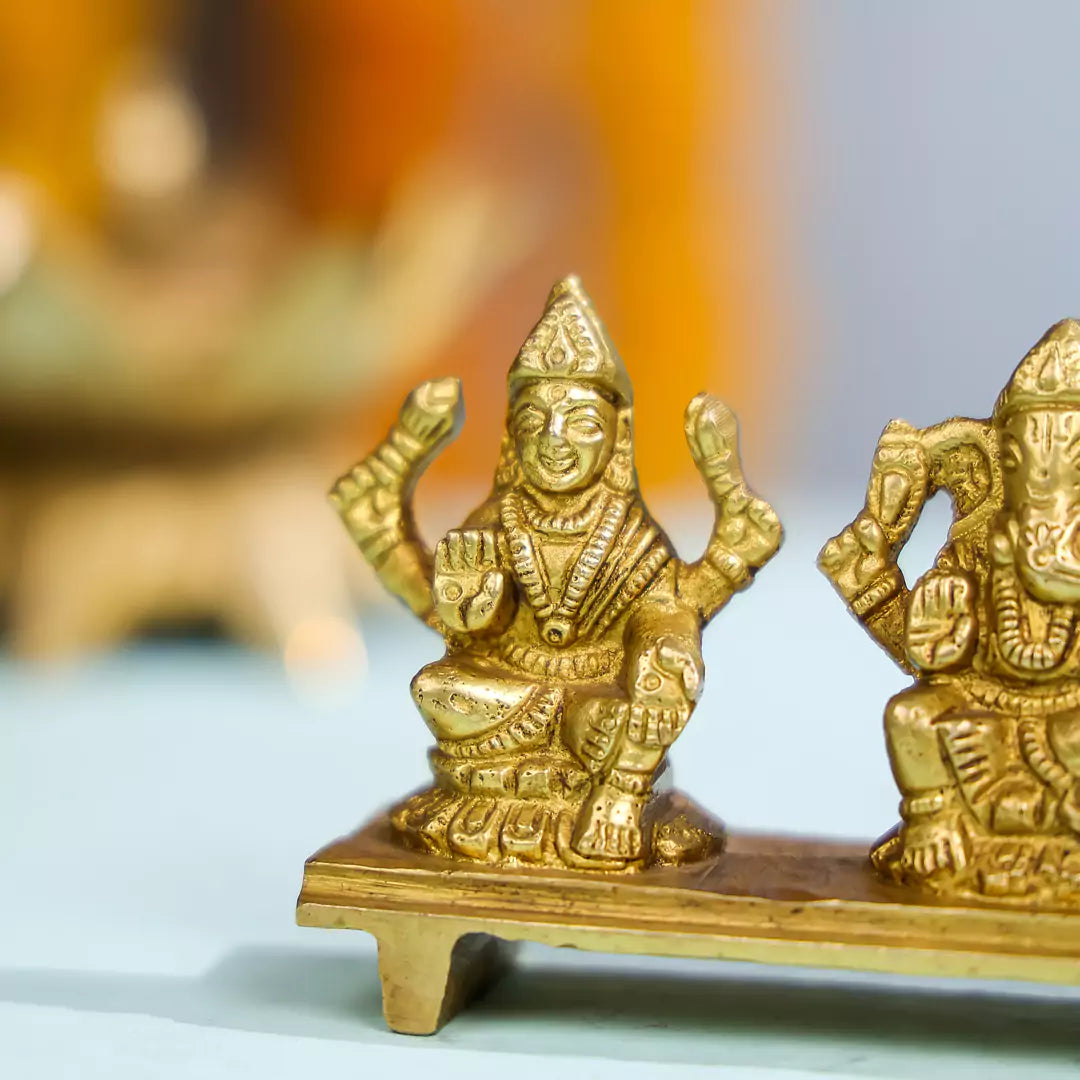 Brass Idol Of Goddess Lakshmi, Lord Ganesha And Goddess Saraswati