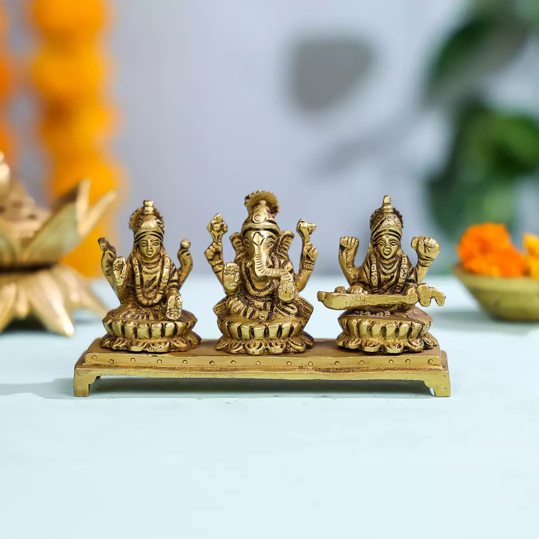 Brass Goddess Lakshmi, Lord Ganesh And Goddess Saraswati Sitting On Lotuses