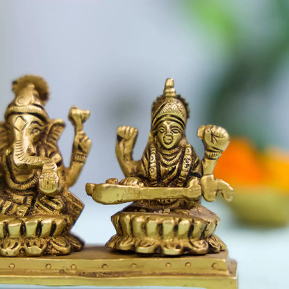 Brass Goddess Lakshmi, Lord Ganesh And Goddess Saraswati Sitting On Lotuses