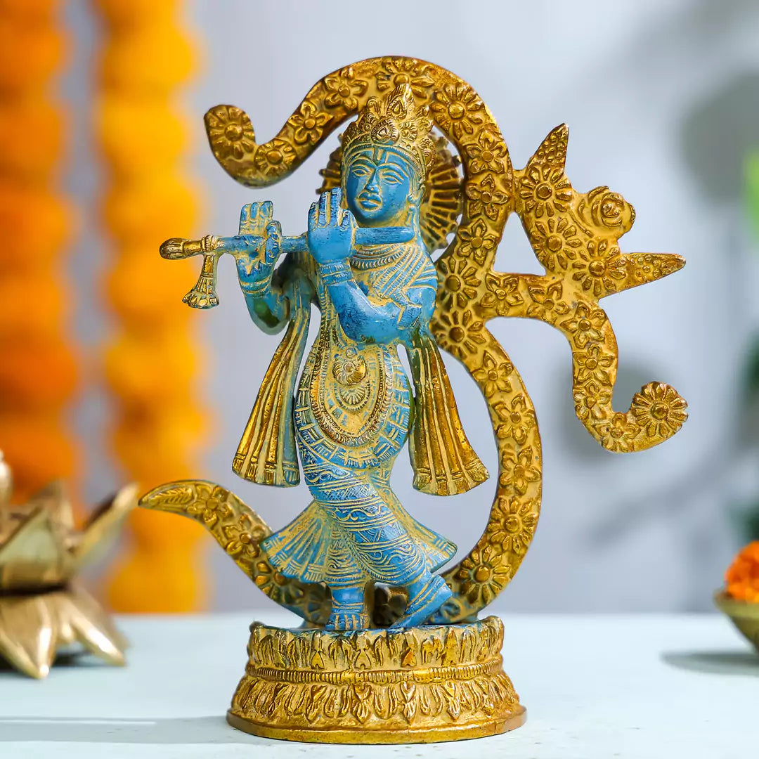 Brass Blue Lord Krishna With Om