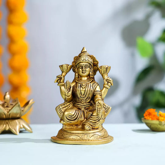 Brass Goddess Lakshmi Sitting On A Pedestal