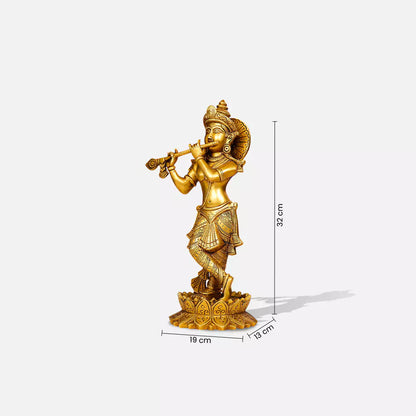 13" Brass Lord Krishna Murlidhar Idol Standing On Lotus Base