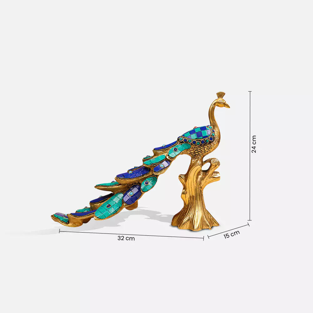 13" Brass Peacock Inlay Stonework - Table Decor
