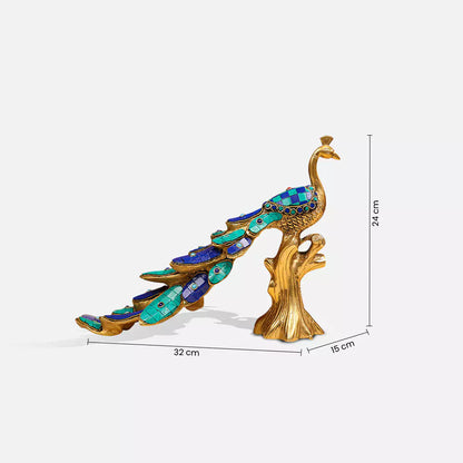 13" Brass Peacock Inlay Stonework - Table Decor