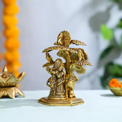 Brass Radha And Krishna Under A Tree With Birds