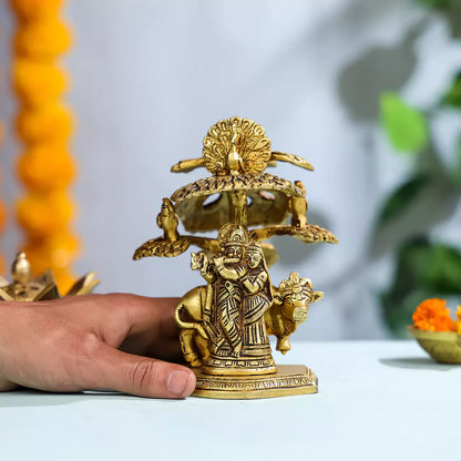 Brass Radha And Krishna Under A Tree With Birds