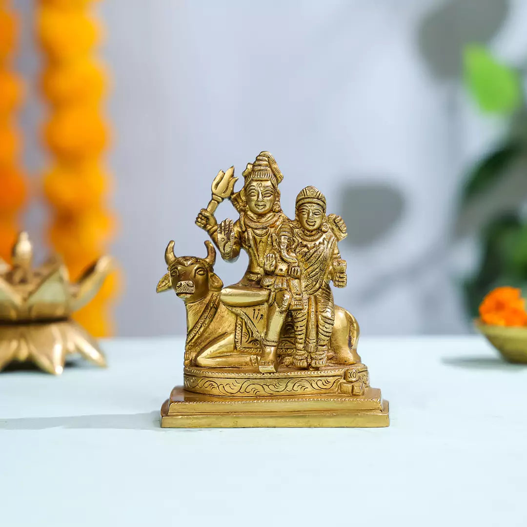 Brass Lord Shiva With Goddess Parvati And Lord Ganesha Seated On Nandi Idol