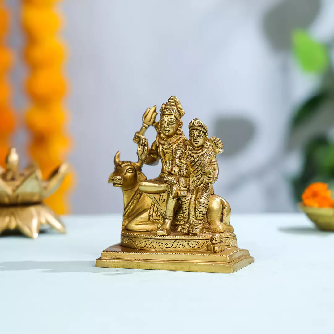 Brass Lord Shiva With Goddess Parvati And Lord Ganesha Seated On Nandi Idol