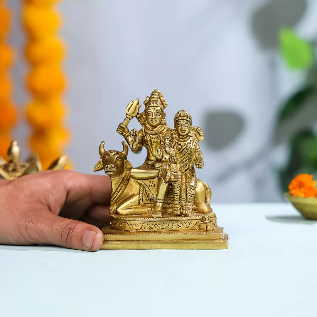 Brass Lord Shiva With Goddess Parvati And Lord Ganesha Seated On Nandi Idol