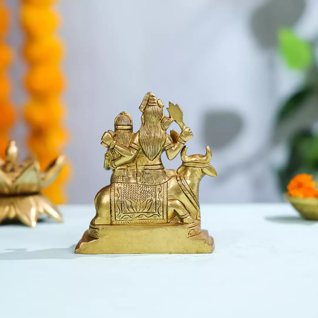 Brass Lord Shiva With Goddess Parvati And Lord Ganesha Seated On Nandi Idol